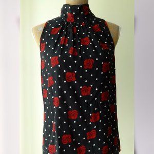 Three Dots Tie Neck Black Polka Dot Blouse